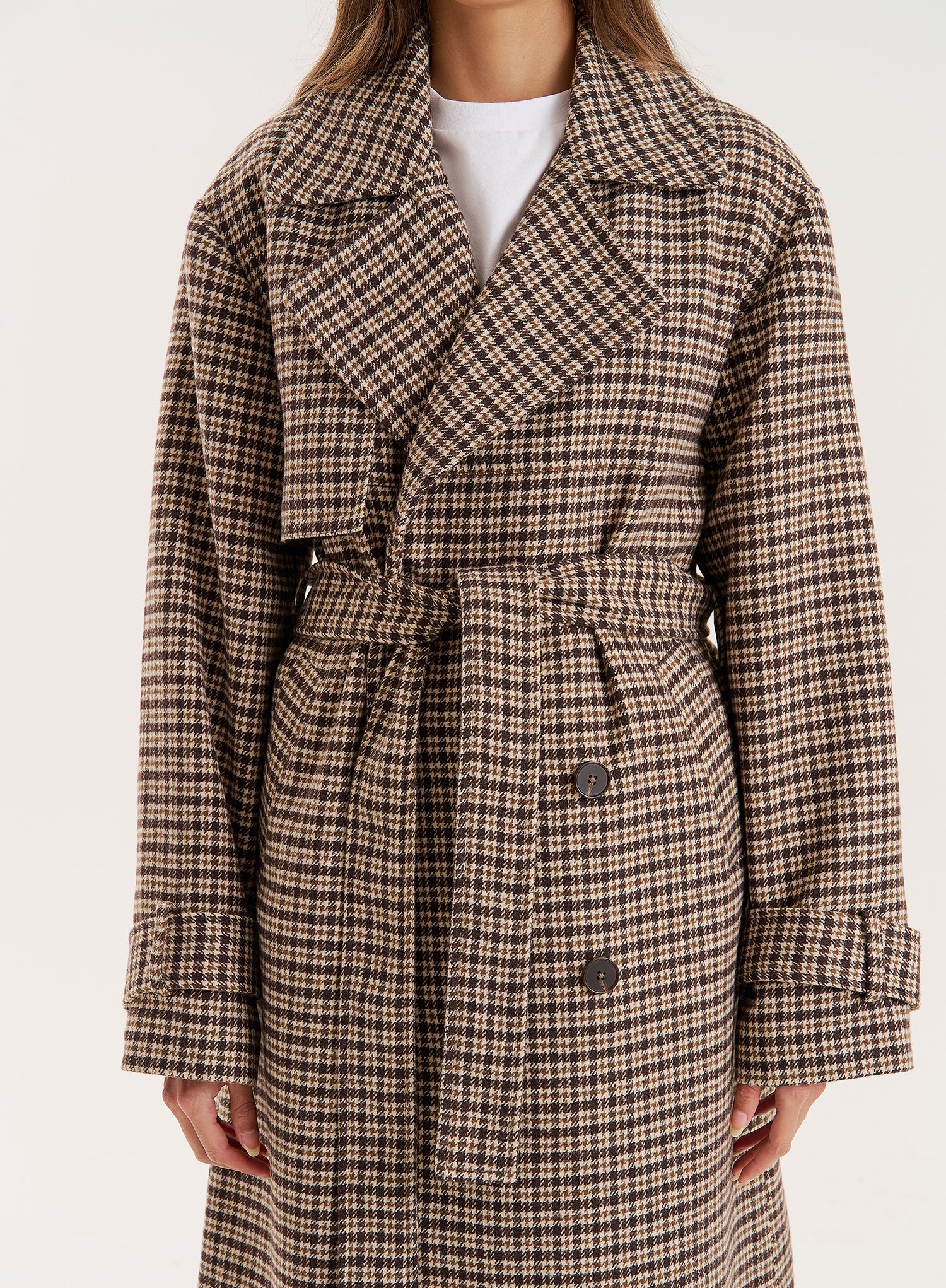 Brown Checked Belted Wool-Blend Trench Coat